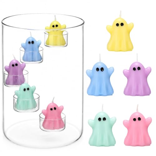 Halloween Glass Hurricane Candle Holder Set with Ghost Candles - Colorful Ghost Variation