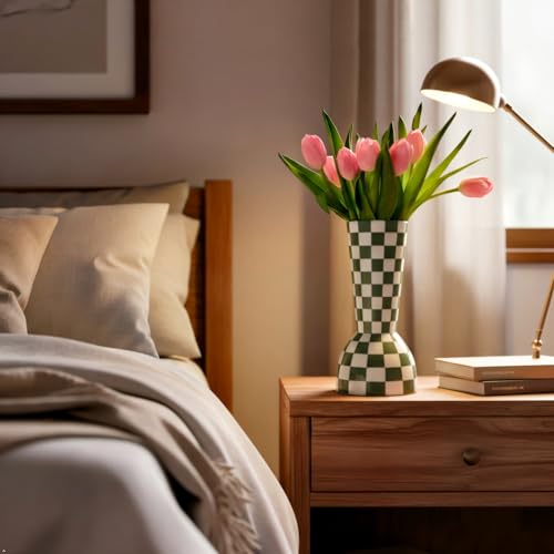Sage Green Checkered Vase - Modern Ceramic Flower Vase for Home Decor & Centerpieces