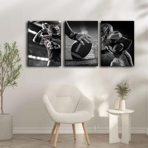 3Pcs Football Canvas Wall Art - Black and White Sports Decor, 16x12 Inches