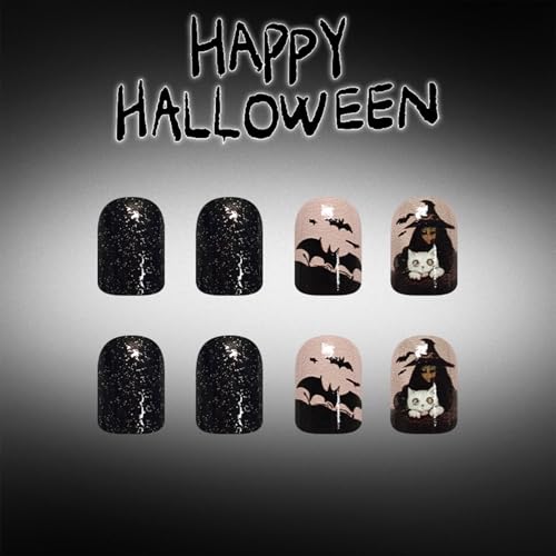 Halloween Press On Nails Short Square Black Ghost Bat Design with Glitter - Variation 26