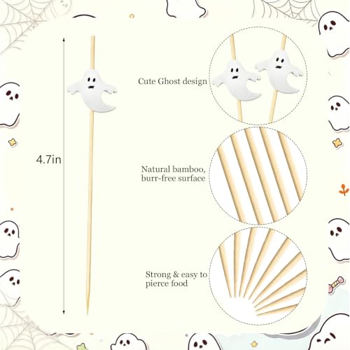 Ghost Halloween Toothpicks - 4.7 Inch Biodegradable Cocktail Picks for Party Food