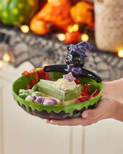 Halloween Cauldron Candy Bowl - Ceramic Black Cat, Purple Black Variation, 8 Inch