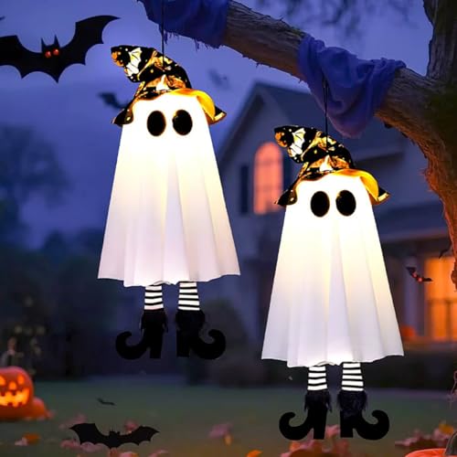 Halloween Hanging Ghost Decorations - Outdoor Spooky Ghosts with Glow-in-Dark Effects, 18 Inches, 2-Pack
