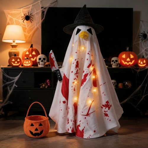 Halloween Porch Goose Costume Set with String Lights - Ghost Variation for 23 Inch Outdoor Decor