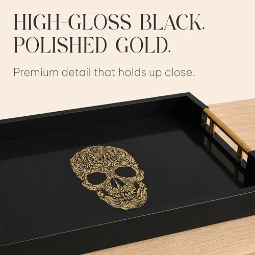 Gothic Skull Serving Tray with Black Gloss Finish & Gold Handles - Variation: SKULL
