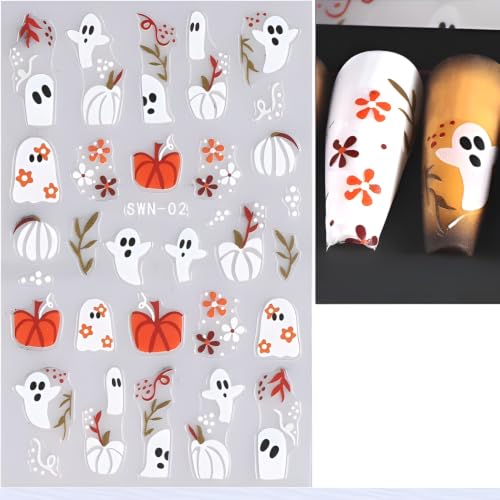 Halloween Nail Stickers Ghost & Spider Web Design - Colorful 1, 4 Sheets