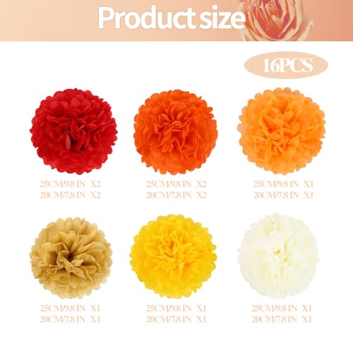 Fall Party Decorations Tissue Paper Flowers & Pompoms - Orange & Red - 16PCS