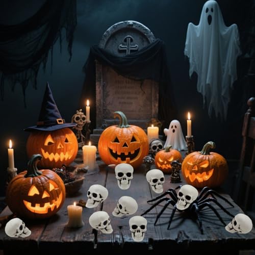 24 Mini Plastic Skull Heads for Halloween Decorations - 2.4 Inch Set of Spooky Skeletons