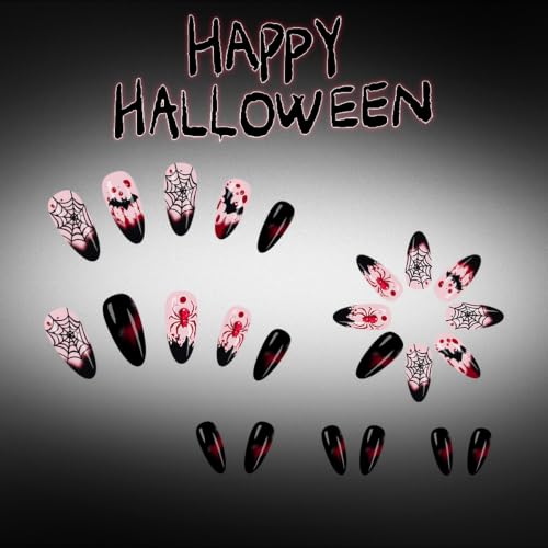 Halloween Press-On Nails Almond Black French Tip with Spider & Bat - Style-28
