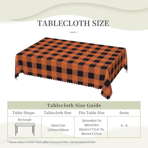 Orange Black Checkered Tablecloth for Dining Tables - Reusable Gingham Fall Decor 54x72 Inches