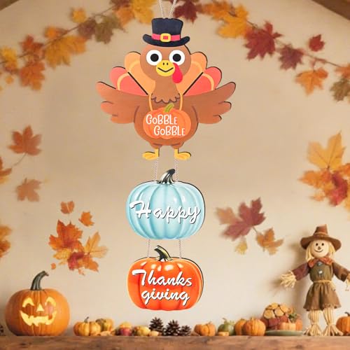 Thanksgiving Door Hanging Sign Decorations - Wooden Fall Wreath with Turkey & Pumpkin - Front Door Decor for Porch & Wall - Variation: Turkey