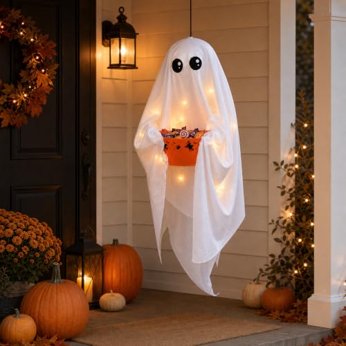 VZQI Halloween Ghost Candy Bowl White Hanging Candy Holder with 8 Light Modes