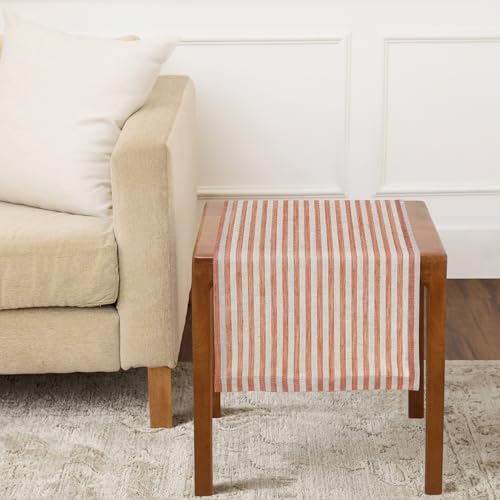 Linen Table Runner 14x36 in Pumpkin & Natural Stripe - Handmade, Eco-Friendly