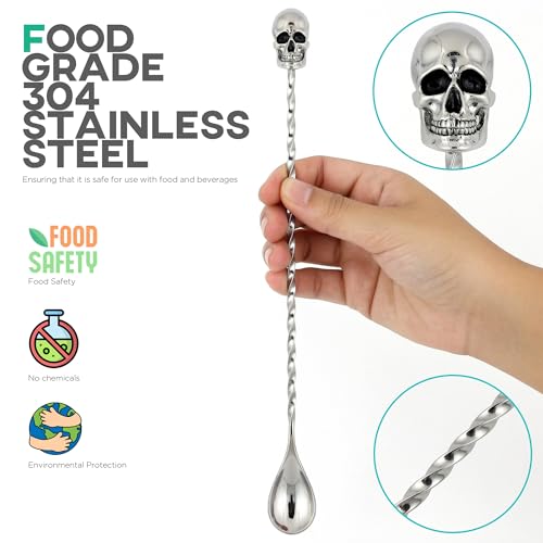 Skull 12-Inch Bar Spoon for Cocktail Mixing - Silver Handle, Homestia