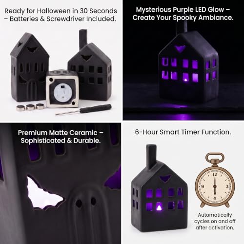 Halloween Village Ceramic Haunted House Figurine Set with Timer & LED Lights