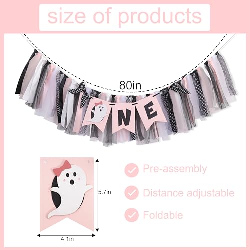 Pink and Black Halloween First Year Birthday Highchair Banner with Ghost Theme and Bows