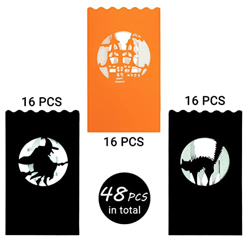 Halloween Luminary Bags Set - Witch, Castle & Cat Silhouettes, Flame-Resistant Lanterns, 48 Pack