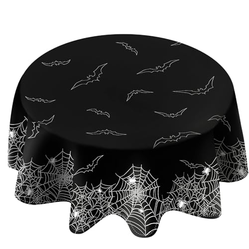 Halloween Round 70 Inch Tablecloth - Black Spider Web & Bat Design, Waterproof, Indoor & Outdoor Party Decor - Variation of THIS listing