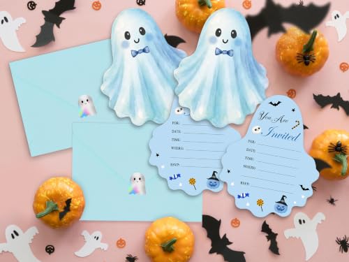 Blue Ghost Halloween Invitations Card Set - 25 Pack with Envelopes & Stickers