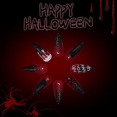 Halloween Press-On Nails Long Stiletto with Spider Web Glitter Design - Style D23, Red Black Ombre, Reusable Fake Nails, 24 Pieces