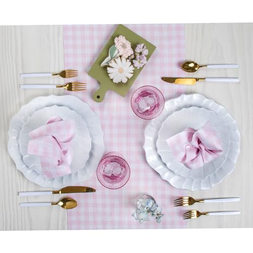 Marshmellow Pink Gingham Linen Table Runner 14 x 132 Inches - Pure European Flax