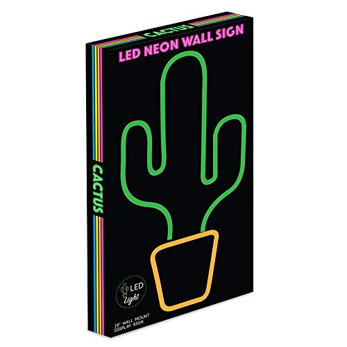 LED Neon Green Cactus Wall Sign with Yellow Planter 19x10 Inches - Indoor Decor