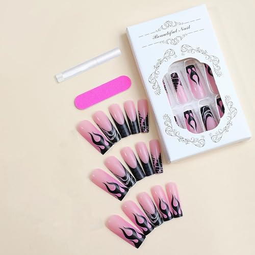 BABALAL French Tip Press On False Nails - Long Black Flame Style, Glue-On Squoval Acrylic Nails, 24Pcs, Variation BNN08flame
