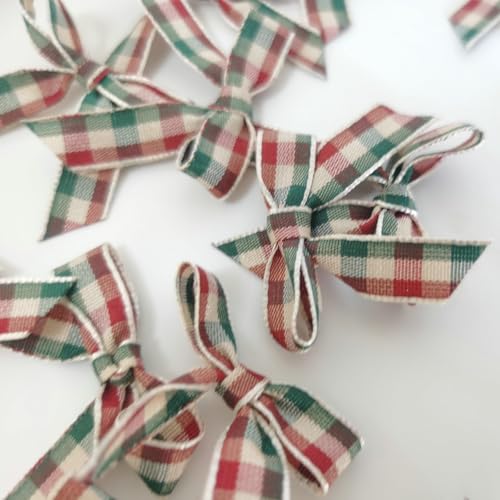 Mini Gingham Ribbon Bows for Gift Wrapping & Holiday Decor - 50PCS 1.5" Green & Red, Variation 078 / HotCutting