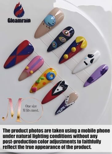 Gleamrain Long Stiletto Almond Press-On Nails - Design Color 814, 10Pcs, M Size