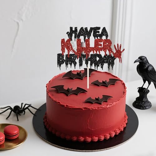 Halloween Cake Topper - Black and Red Glitter Horror Birthday Decorations