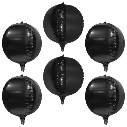 Black 4D Round Balloons - Metallic Mirror Finish Helium Balloons for Party Backdrop, 6 Pack - Black