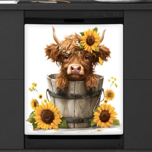 Sunflower Highland Cow Dishwasher Magnet Cover A-52 - Reusable Fridge Decor