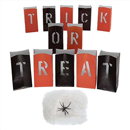 Halloween Luminary Bags and Spider Web Decorations Set - 12 Pack, Orange and Black