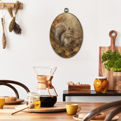 Fall Forest Squirrel Canvas Wall Art - Oval Framed Decor 11x8.5 Inch - Variation: Squirrel