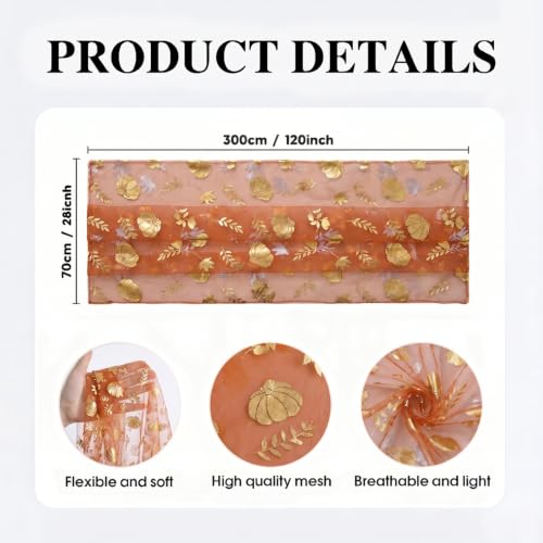 Fall Gauze Table Runner 120 Inch Caramel with Metallic Foil Leaves - Artoid Mode