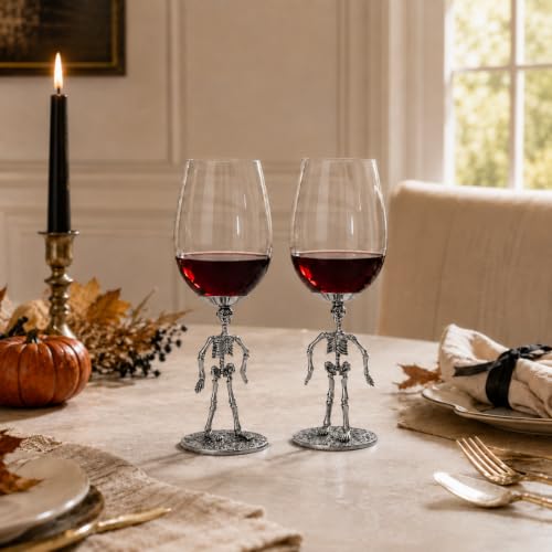 Skeleton Stemmed Wine Glasses Set of 2 - Spooky Gothic Goblets, 10 Inches Tall
