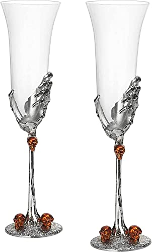Double Set Skeleton Champagne Glasses - 2 Gothic 7oz Spooky Skeleton Wine Flutes for Halloween