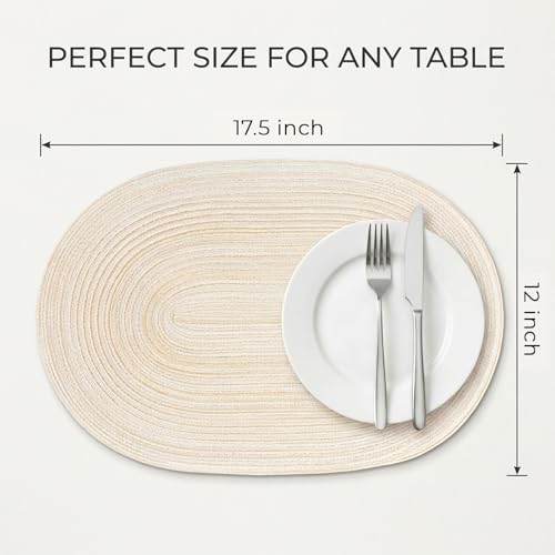 Oval Woven Placemats Set of 8 - Durable Polyester Table Mats for Dining - Beige