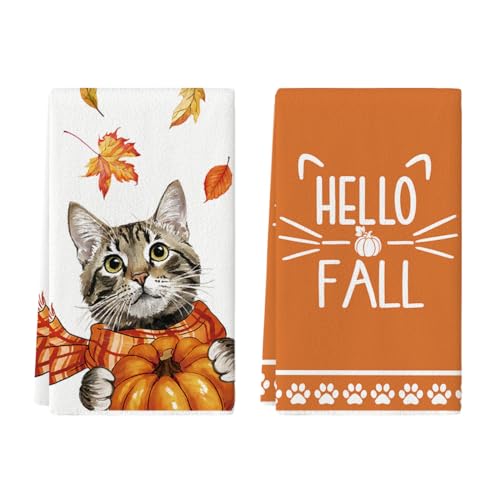 Cat Pumpkin Fall Kitchen Towels Set of 2 - 18x26 Inch, Absorbent & Stylish