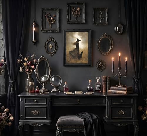 Halloween Witch and Black Cat Canvas Wall Art - 11x9 Inches, Framed, Spooky Home Decor