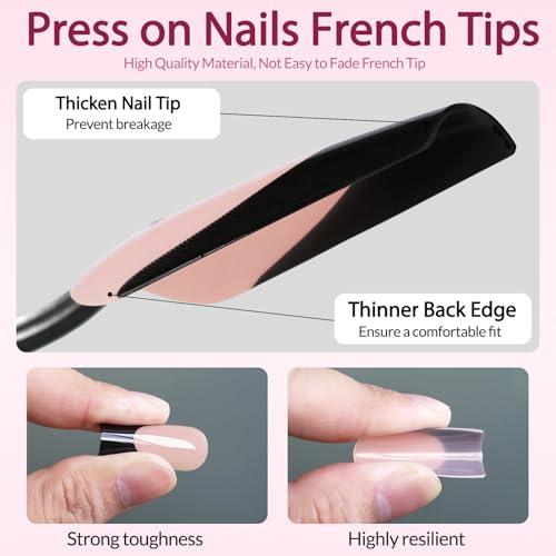 AddFavor 168pcs French Tip Press-On Nails Extra Long Square Nude Pink with Variation C