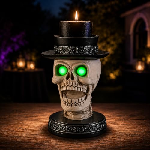 Halloween Skull Candy Bowl with Glowing Eyes & Black Hat - Spooky Gothic Decor
