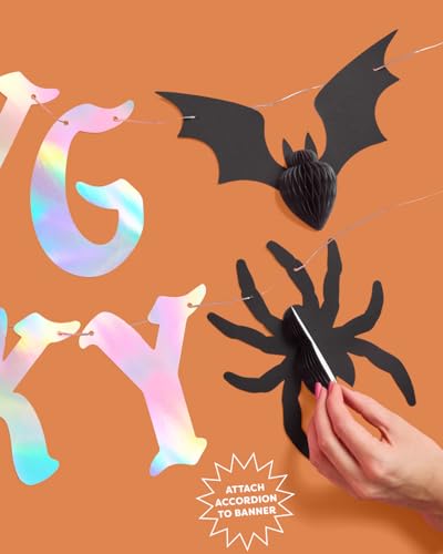 Halloween Spooky Banner with Iridescent Foil and Spider Bat Decorations - 5 Ft