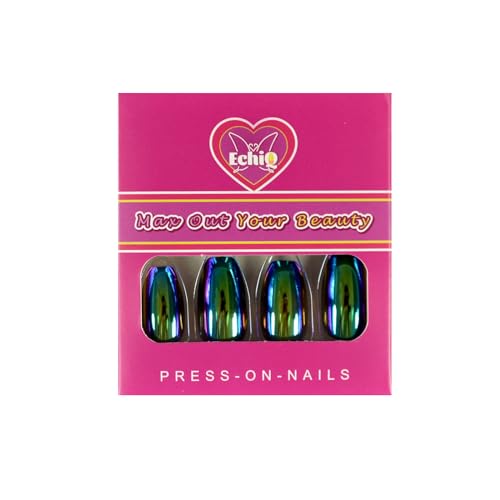 Holographic Blue Purple Coffin Nail Set Mirror Chrome Fake Nails with Variation - Green Purple