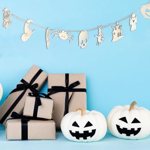 Halloween Wooden Cutout Ornaments Set - Unfinished Ghost Pumpkin Witch Shapes