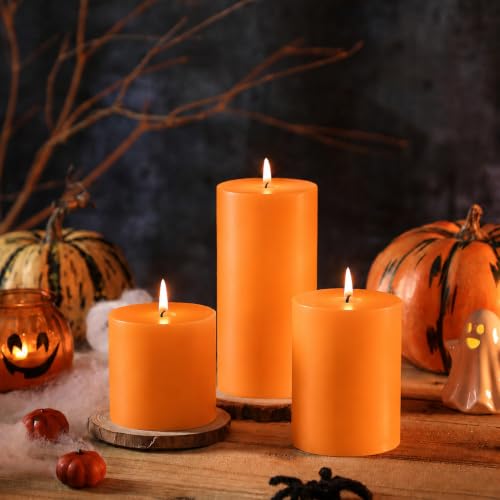 Orange Pillar Candles Set of 3 - Fall Decorations, Hand-Poured