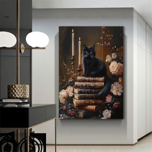 Dark Academia Wall Art Black Cat Vintage Book Floral Framed 16x12 inch