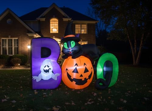 6 Ft Lighted Halloween Inflatable Black Cat with Ghost and Pumpkin Scene