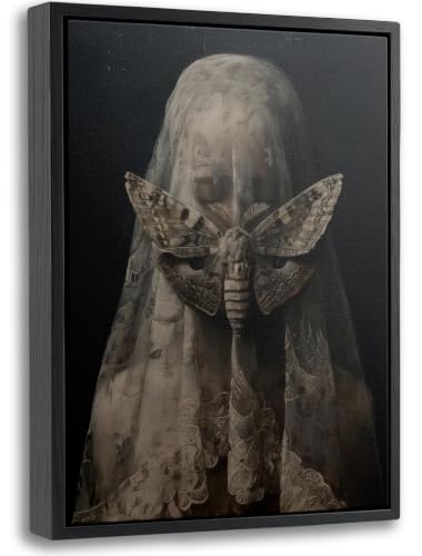 Gothic Veiled Woman and Moth Canvas Wall Art 16x24 Inch - Dark Academia Decor