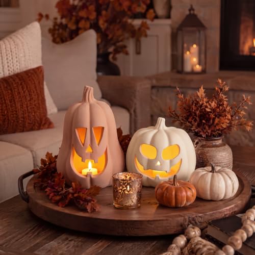 Stylish Halloween Decor Terracotta Jack O Lantern Pumpkins Set - Ghost Carved, 2 Sizes